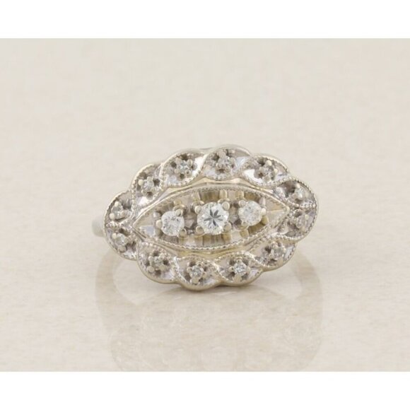 14k White Gold .15 carat Diamond Art Deco Ring Size 4 3/4 sizeable Antique